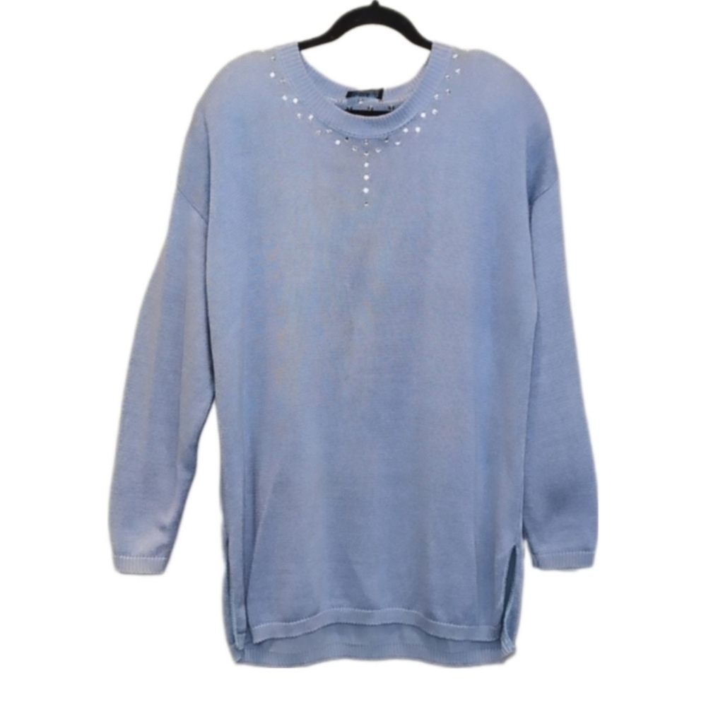 VINTAGE 80s Jewel Neck Sweater Knit Pullover Soft Blue Embellished Tunic